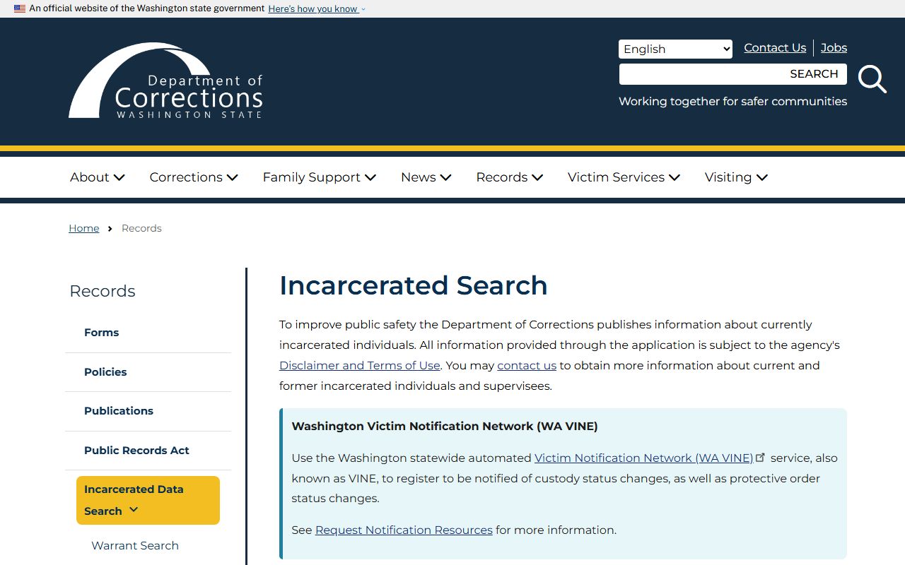 Washington DOC search fields for Ahtanum View Reentry Center residents