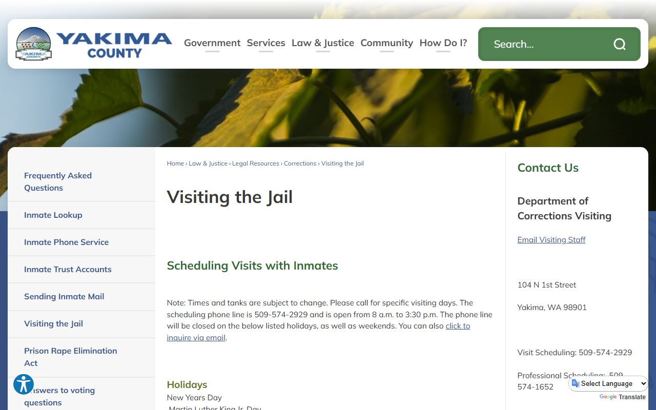 Yakima County inmate records visitation schedule