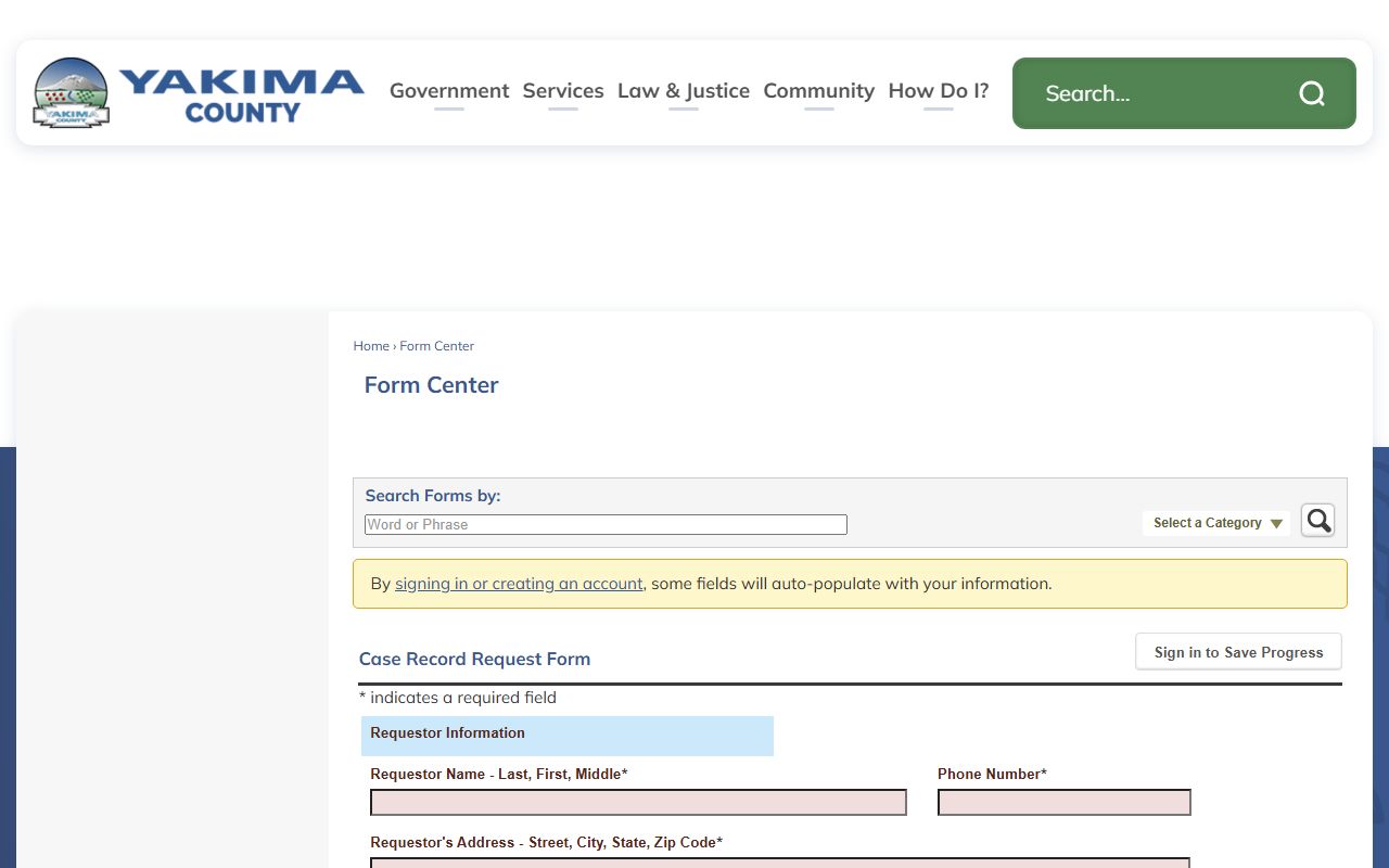 Yakima County District Court record request form for court records after arrest